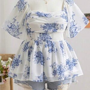 Soleia Women Plus Size Chiffon Blue Floral Print Gathered Ruffle Trim